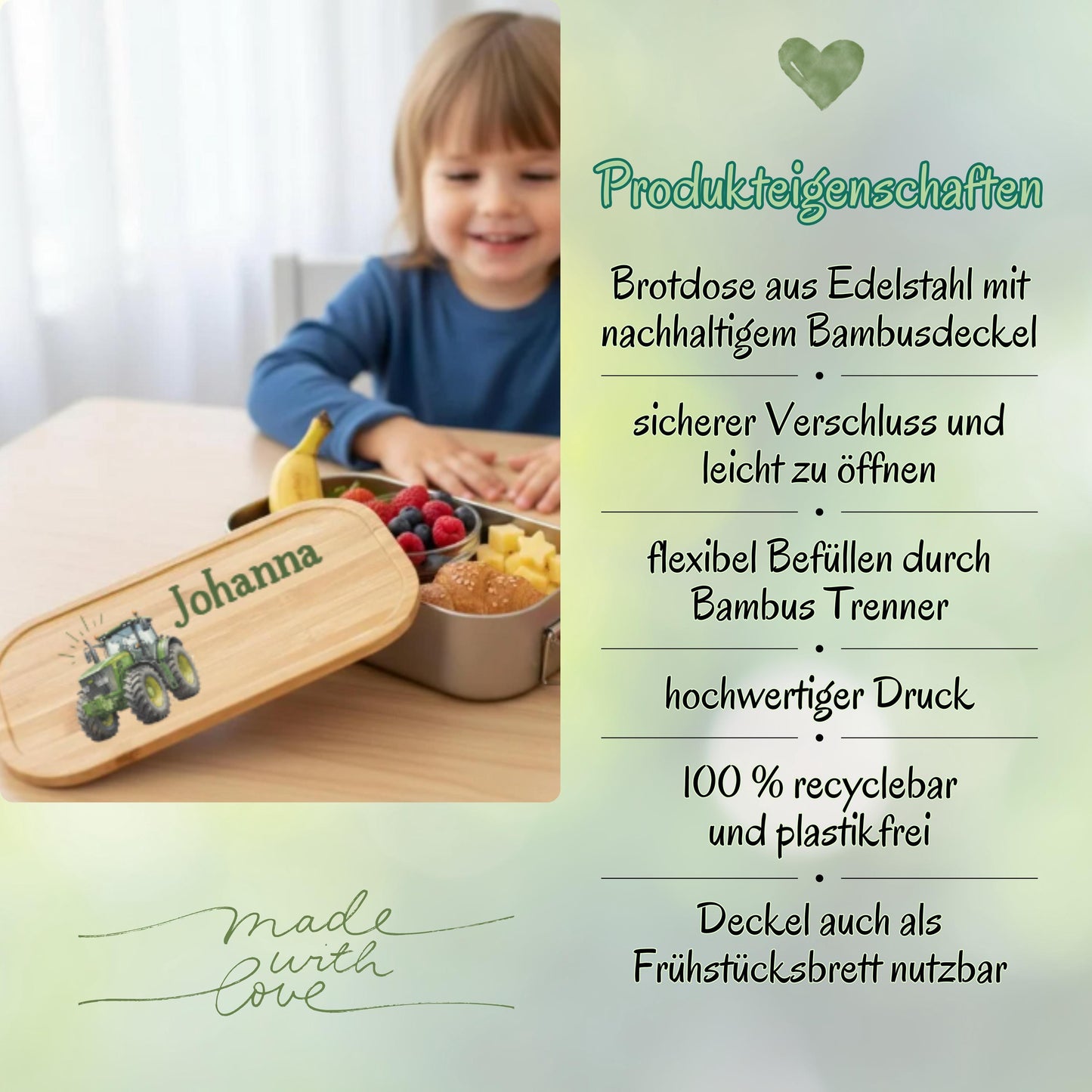 Personalisierte Brotdose Edelstahl Kinder mit Namen | Traktor Lunchbox Kindergarten & Schule