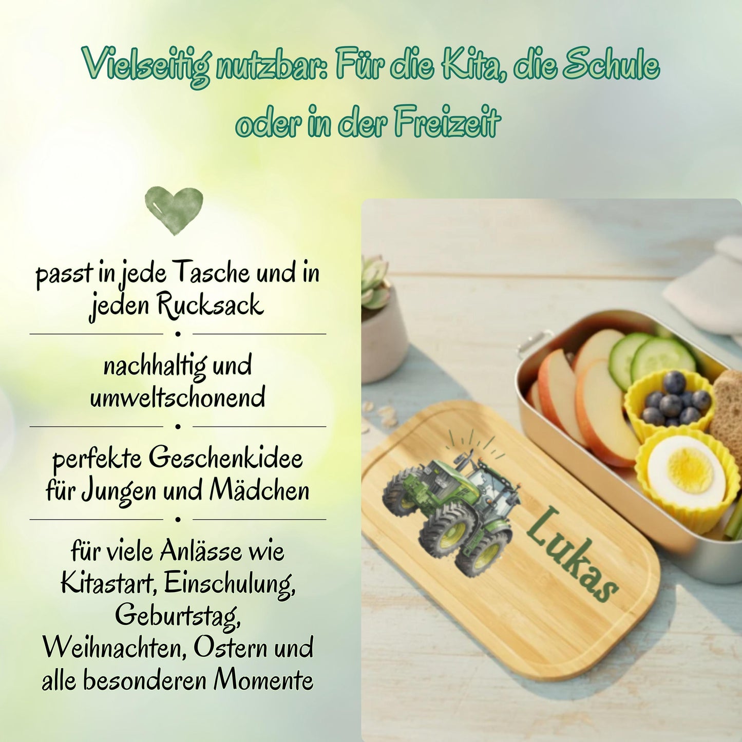 Personalisierte Brotdose Edelstahl Kinder mit Namen | Traktor Lunchbox Kindergarten & Schule