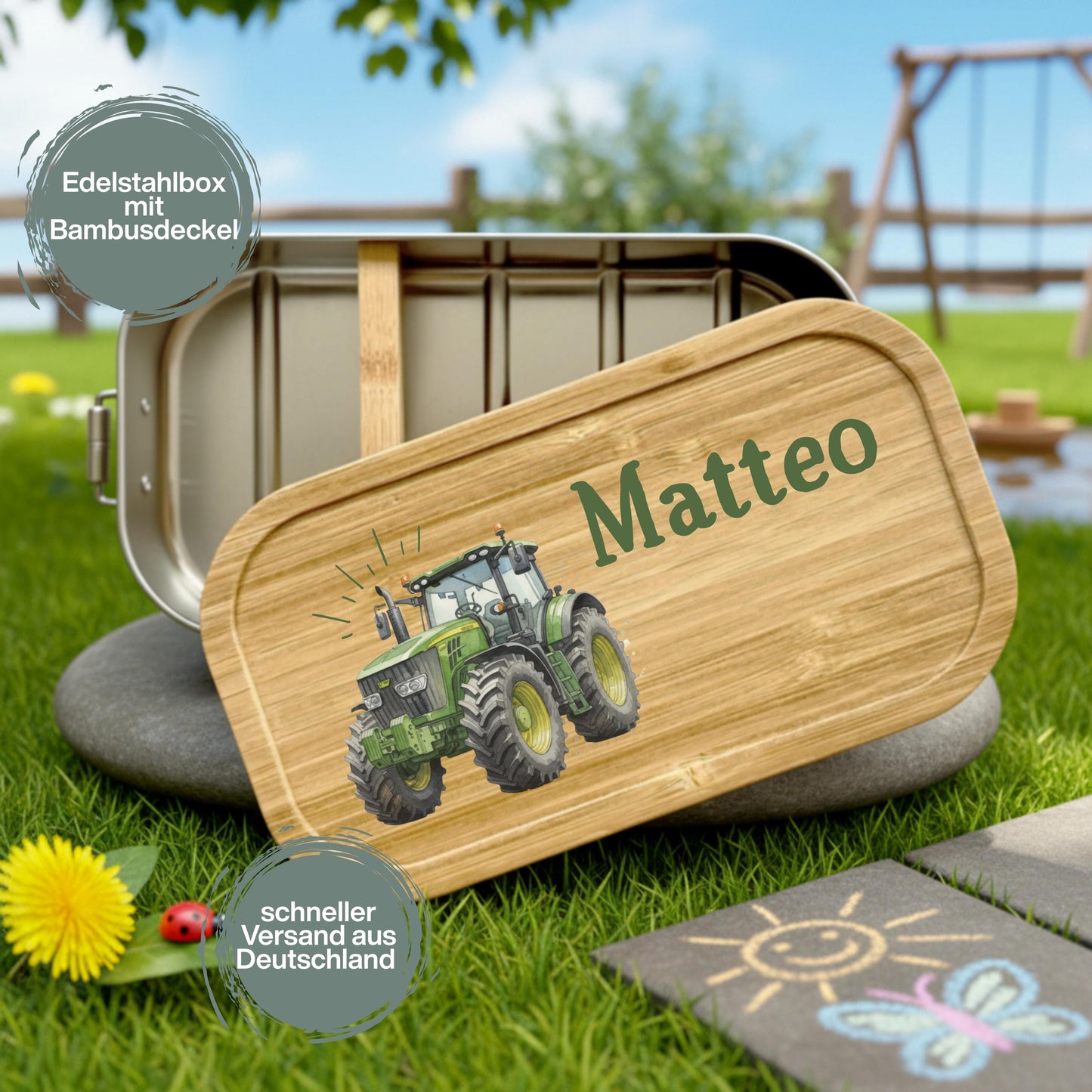 Personalisierte Brotdose Edelstahl Kinder mit Namen | Traktor Lunchbox Kindergarten & Schule