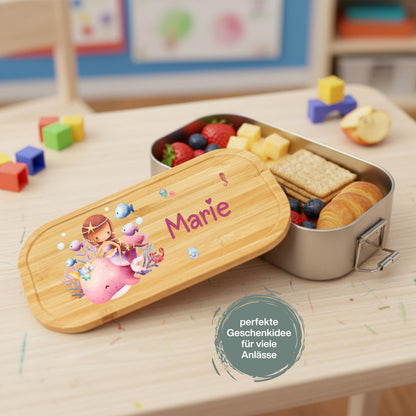 Personalisierte Brotdose Edelstahl Kinder mit Namen | Meerjungfrau Lunchbox Kindergarten & Schule