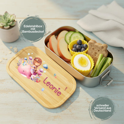 Personalisierte Brotdose Edelstahl Kinder mit Namen | Meerjungfrau Lunchbox Kindergarten & Schule