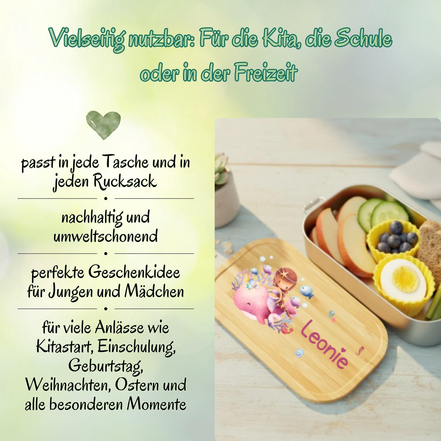 Personalisierte Brotdose Edelstahl Kinder mit Namen | Meerjungfrau Lunchbox Kindergarten & Schule