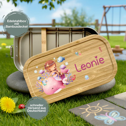 Personalisierte Brotdose Edelstahl Kinder mit Namen | Meerjungfrau Lunchbox Kindergarten & Schule
