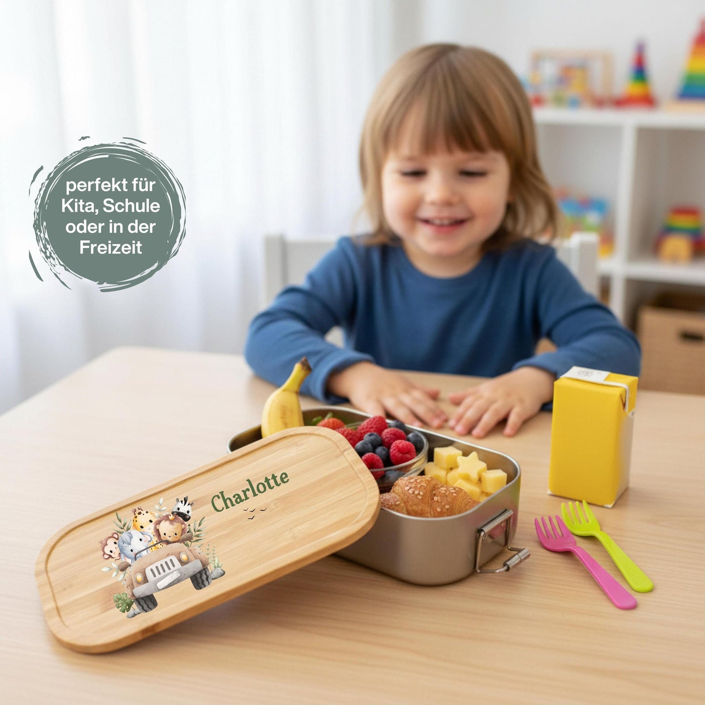 Personalisierte Brotdose Edelstahl Kinder mit Namen | Safari Tiere Lunchbox Kindergarten & Schule