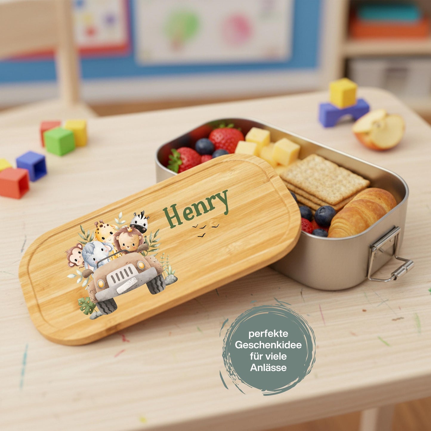 Personalisierte Brotdose Edelstahl Kinder mit Namen | Safari Tiere Lunchbox Kindergarten & Schule