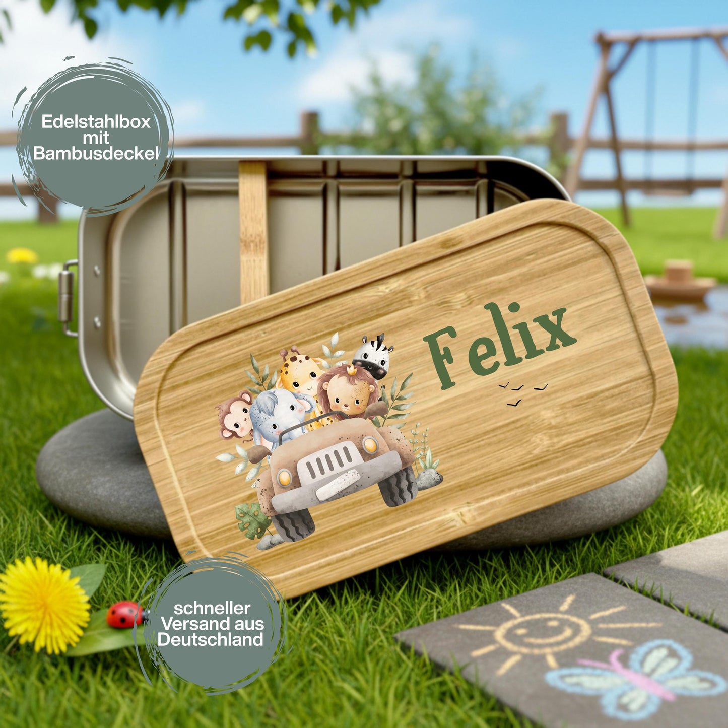Personalisierte Brotdose Edelstahl Kinder mit Namen | Safari Tiere Lunchbox Kindergarten & Schule