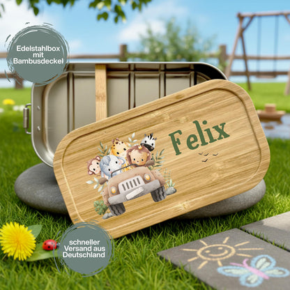 Personalisierte Brotdose Edelstahl Kinder mit Namen | Safari Tiere Lunchbox Kindergarten & Schule