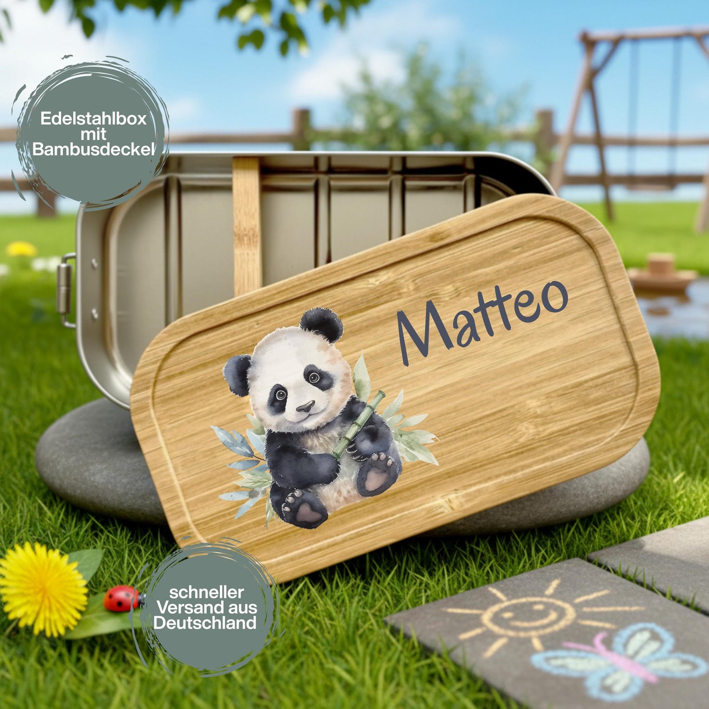 Personalisierte Brotdose Edelstahl Kinder mit Namen | Panda Lunchbox Kindergarten & Schule