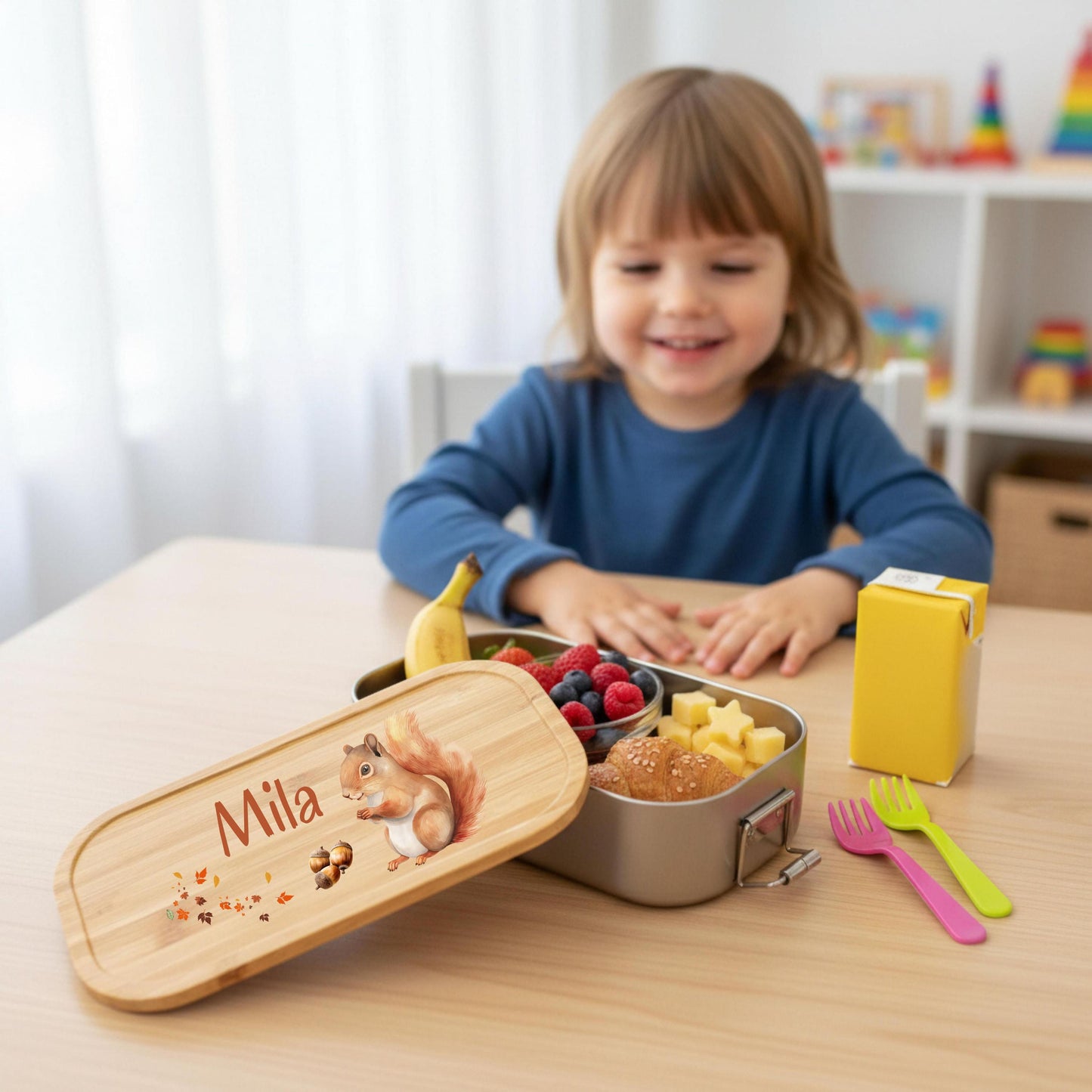 Personalisierte Brotdose Edelstahl Kinder mit Namen | Eichhörnchen Lunchbox Kindergarten & Schule