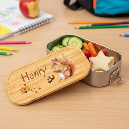 Personalisierte Brotdose Edelstahl Kinder mit Namen | Eichhörnchen Lunchbox Kindergarten & Schule