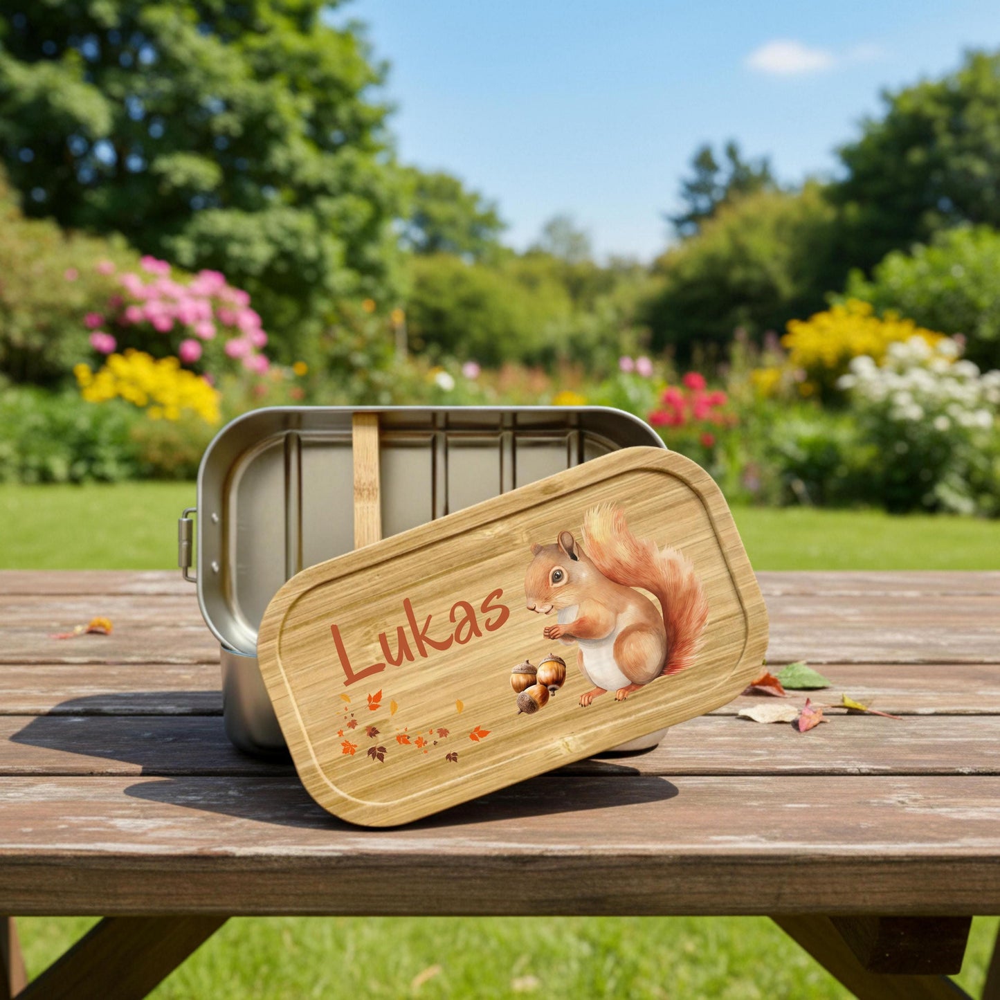 Personalisierte Brotdose Edelstahl Kinder mit Namen | Eichhörnchen Lunchbox Kindergarten & Schule