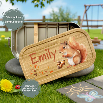Personalisierte Brotdose Edelstahl Kinder mit Namen | Eichhörnchen Lunchbox Kindergarten & Schule