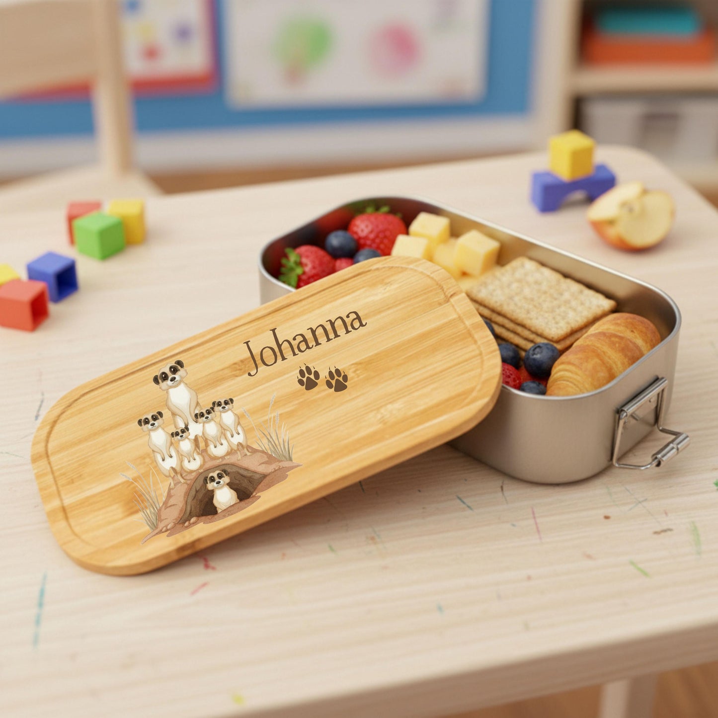 Personalisierte Brotdose Edelstahl Kinder mit Namen | Erdmännchen Lunchbox Kindergarten & Schule