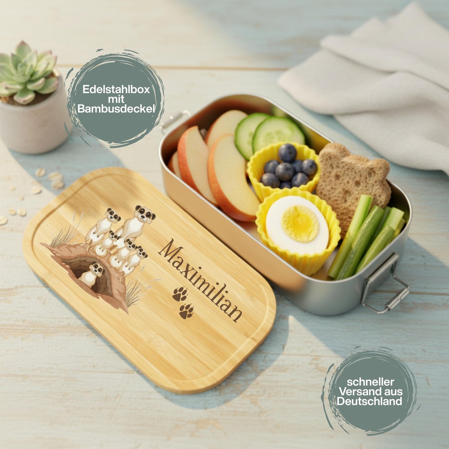 Personalisierte Brotdose Edelstahl Kinder mit Namen | Erdmännchen Lunchbox Kindergarten & Schule