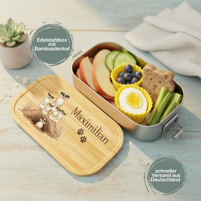 Personalisierte Brotdose Edelstahl Kinder mit Namen | Erdmännchen Lunchbox Kindergarten & Schule