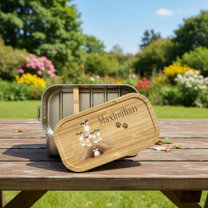 Personalisierte Brotdose Edelstahl Kinder mit Namen | Erdmännchen Lunchbox Kindergarten & Schule