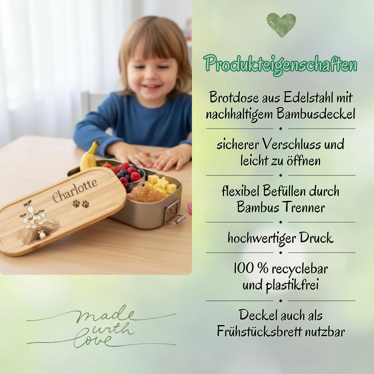 Personalisierte Brotdose Edelstahl Kinder mit Namen | Erdmännchen Lunchbox Kindergarten & Schule