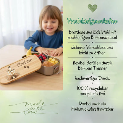Personalisierte Brotdose Edelstahl Kinder mit Namen | Erdmännchen Lunchbox Kindergarten & Schule