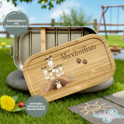 Personalisierte Brotdose Edelstahl Kinder mit Namen | Erdmännchen Lunchbox Kindergarten & Schule