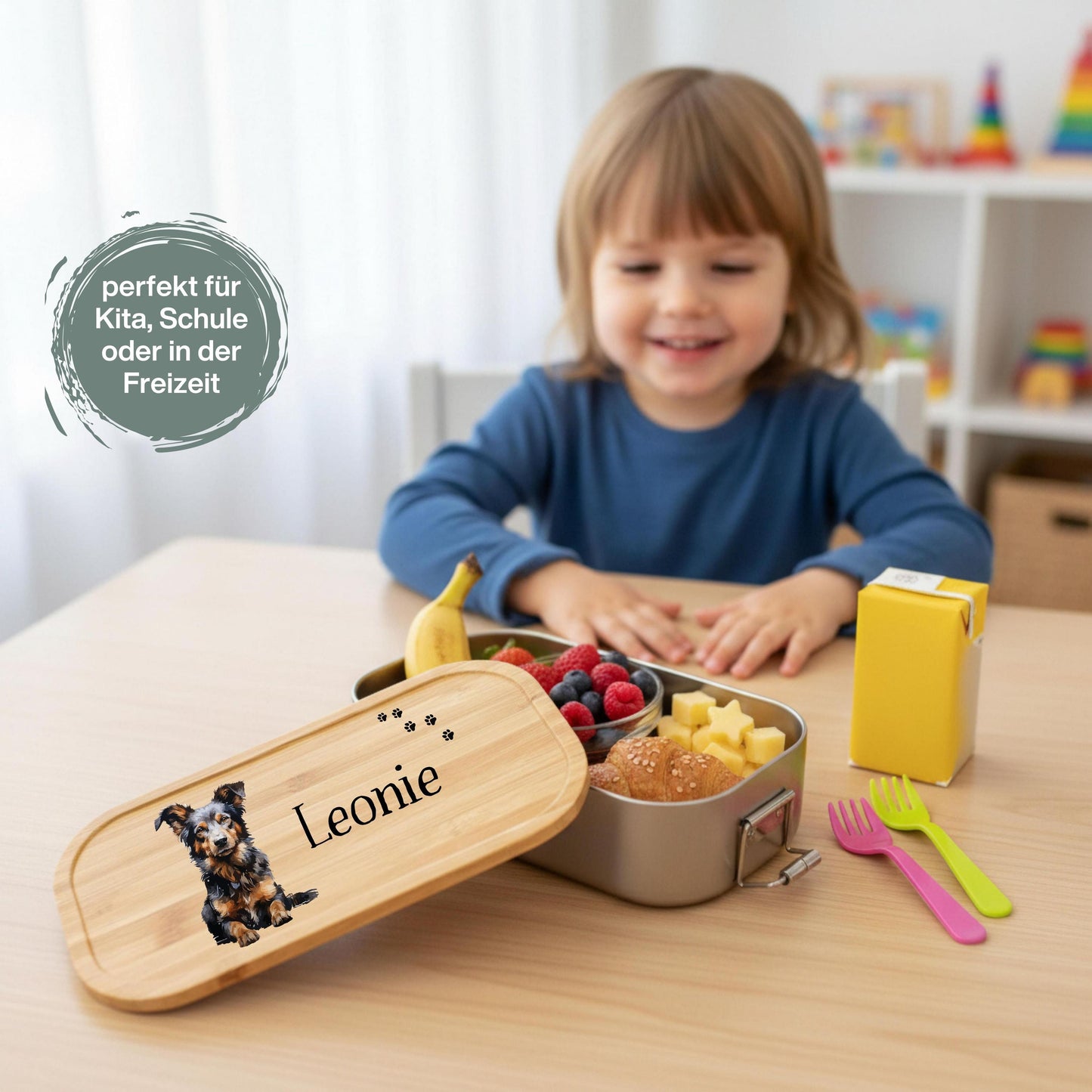 Personalisierte Brotdose Edelstahl Kinder mit Namen | Hund Lunchbox Kindergarten & Schule