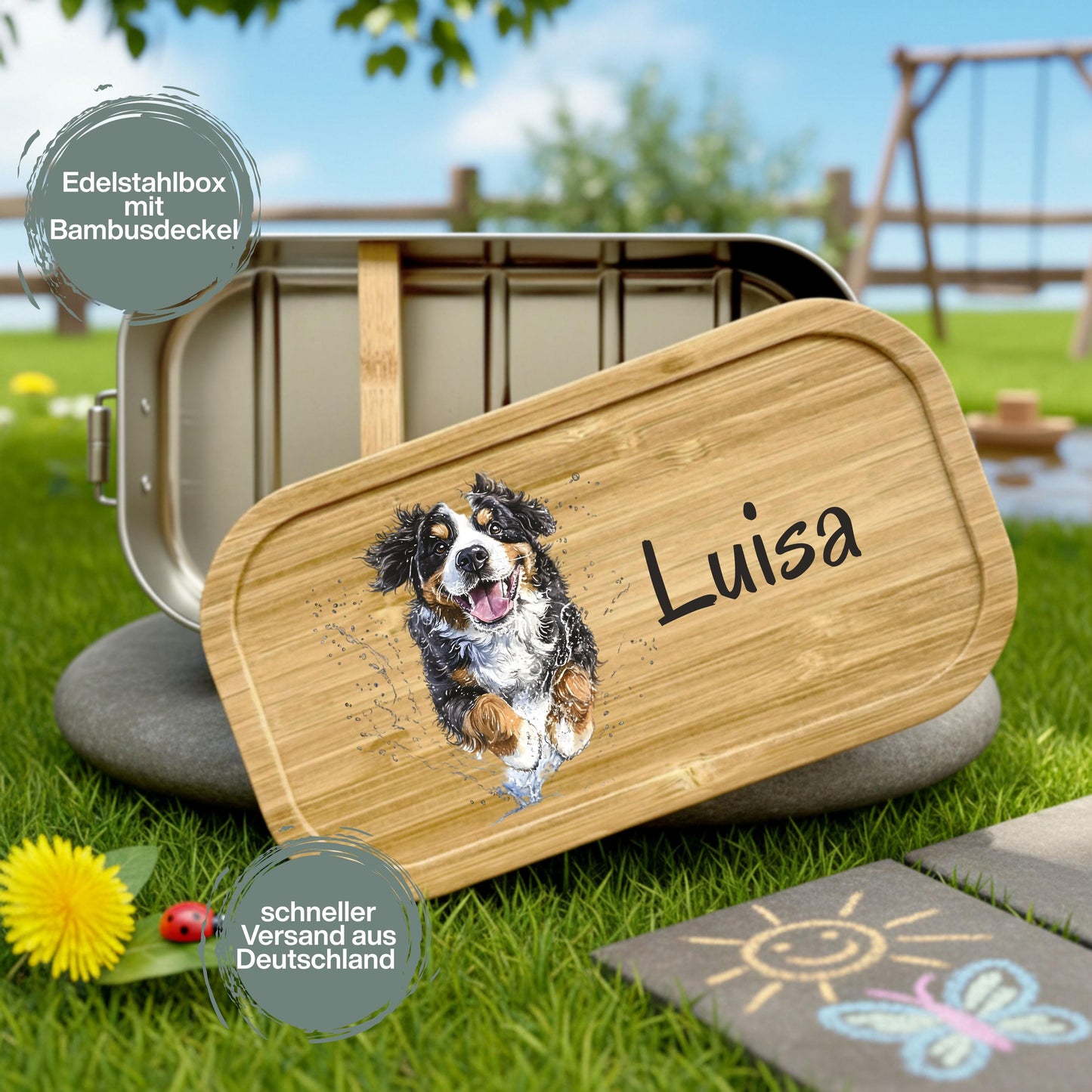 Personalisierte Brotdose Edelstahl Kinder mit Namen | Hund Lunchbox Kindergarten & Schule
