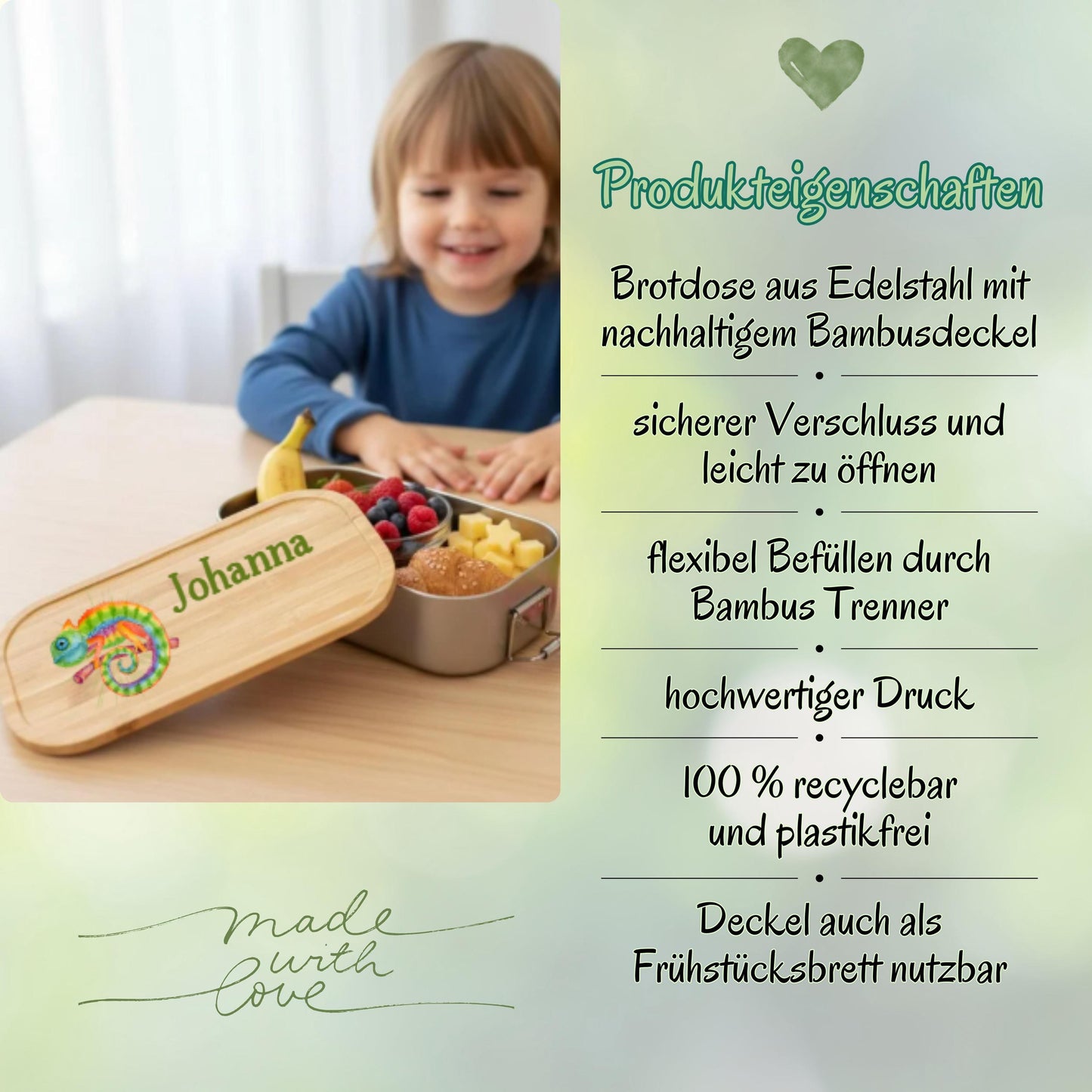 Personalisierte Brotdose Edelstahl Kinder mit Namen | Chamäleon Lunchbox Kindergarten & Schule
