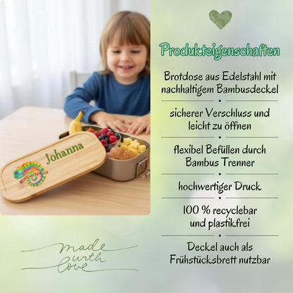 Personalisierte Brotdose Edelstahl Kinder mit Namen | Chamäleon Lunchbox Kindergarten & Schule