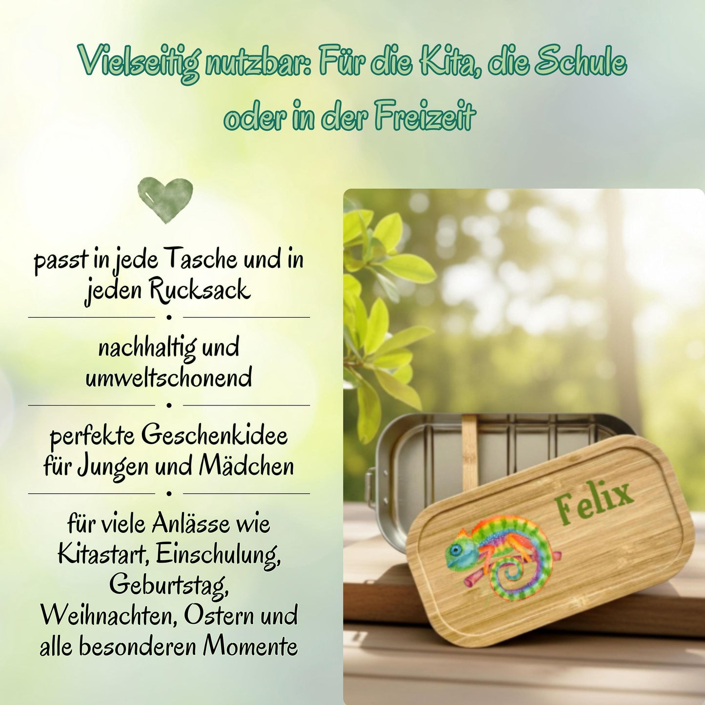 Personalisierte Brotdose Edelstahl Kinder mit Namen | Chamäleon Lunchbox Kindergarten & Schule