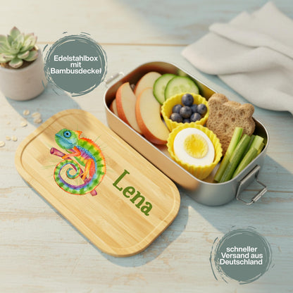 Personalisierte Brotdose Edelstahl Kinder mit Namen | Chamäleon Lunchbox Kindergarten & Schule