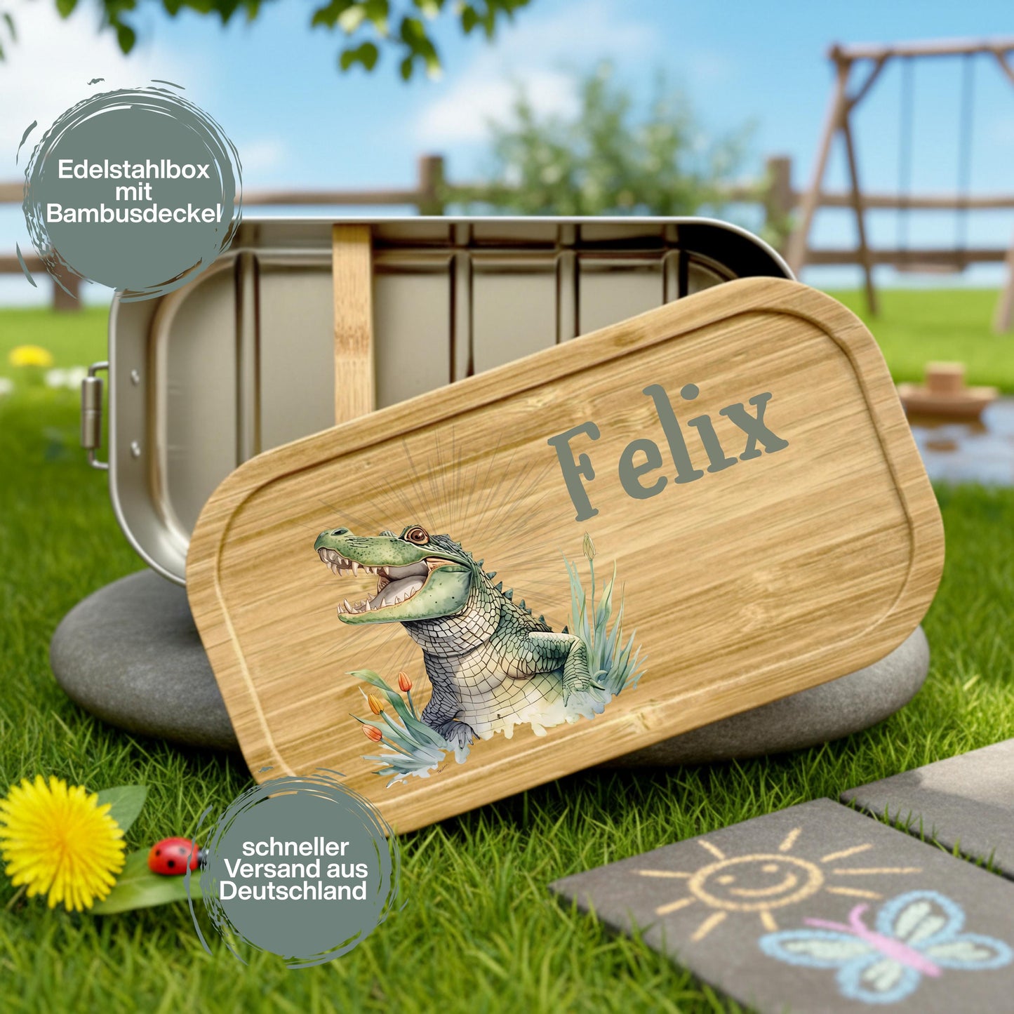 Personalisierte Brotdose Edelstahl Kinder mit Namen | Krokodil Lunchbox Kindergarten & Schule