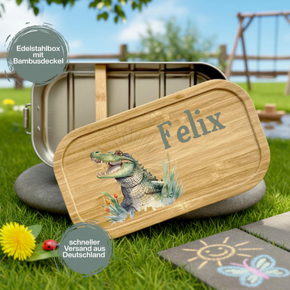 Personalisierte Brotdose Edelstahl Kinder mit Namen | Krokodil Lunchbox Kindergarten & Schule