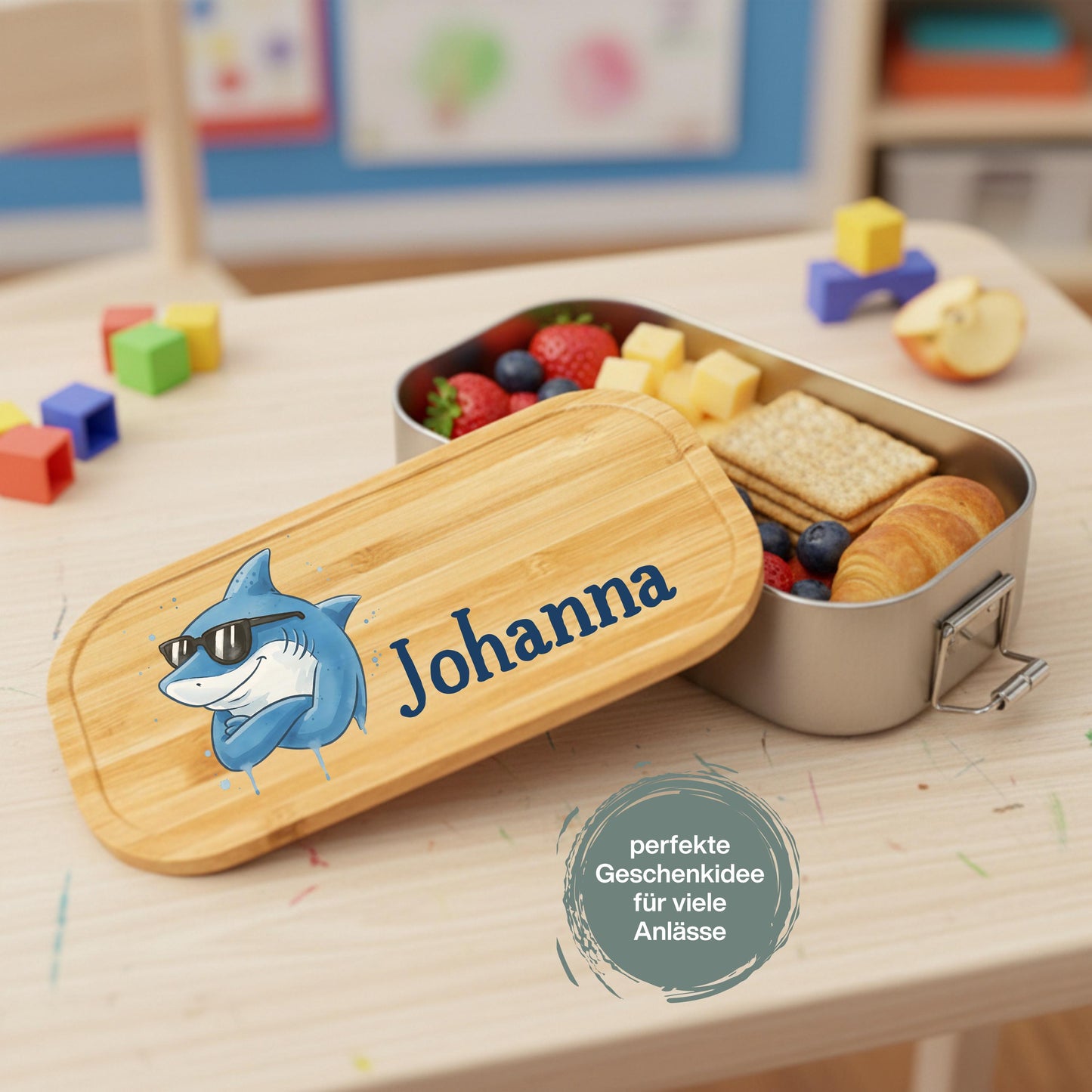 Personalisierte Brotdose Edelstahl Kinder mit Namen | Hai Lunchbox Kindergarten & Schule