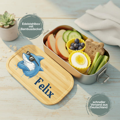 Personalisierte Brotdose Edelstahl Kinder mit Namen | Hai Lunchbox Kindergarten & Schule