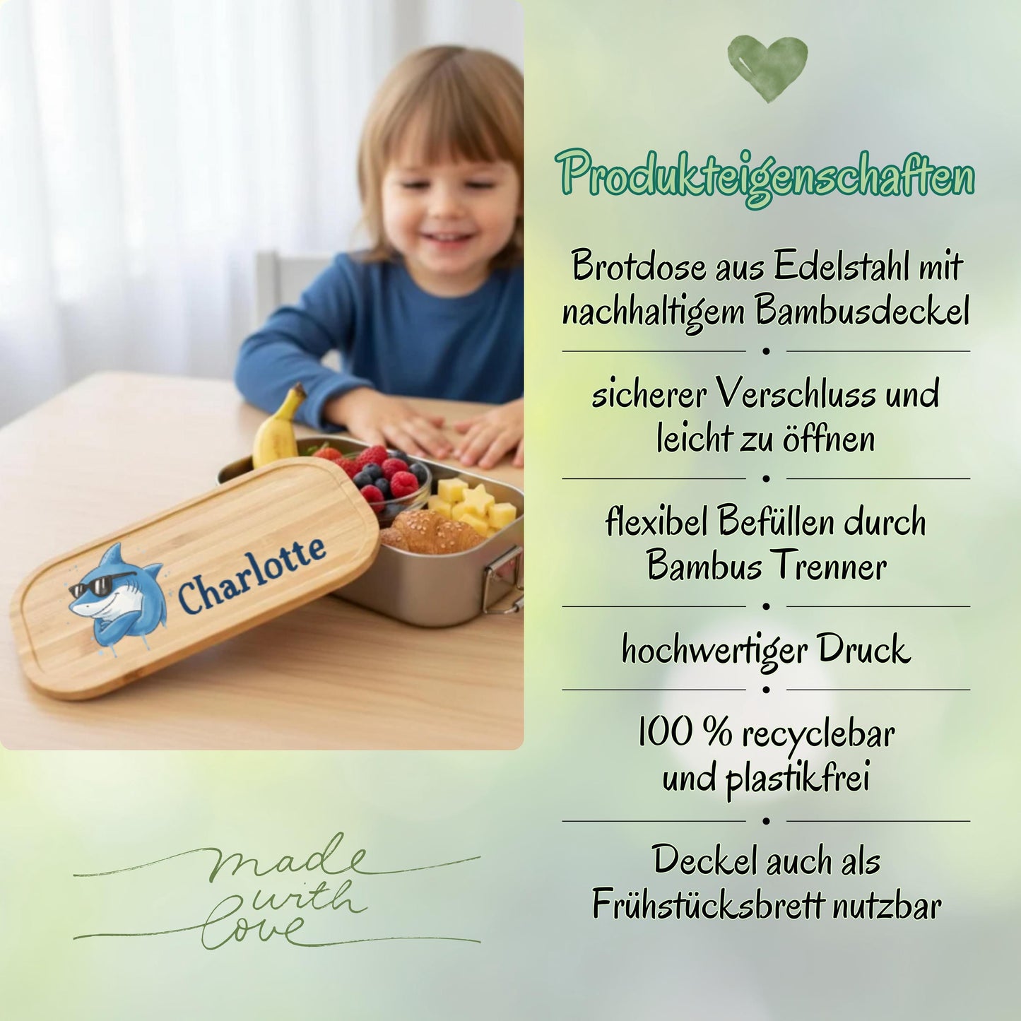 Personalisierte Brotdose Edelstahl Kinder mit Namen | Hai Lunchbox Kindergarten & Schule