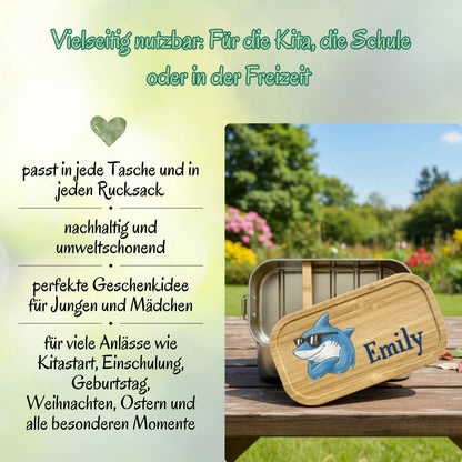 Personalisierte Brotdose Edelstahl Kinder mit Namen | Hai Lunchbox Kindergarten & Schule