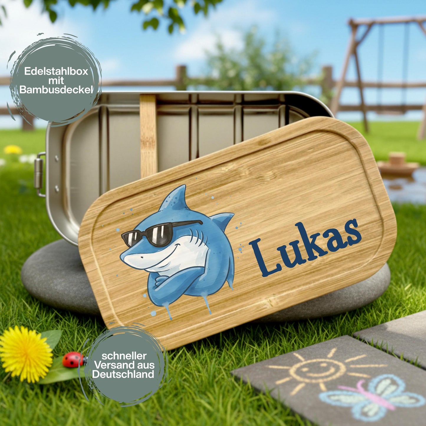 Personalisierte Brotdose Edelstahl Kinder mit Namen | Hai Lunchbox Kindergarten & Schule