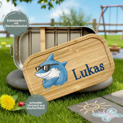 Personalisierte Brotdose Edelstahl Kinder mit Namen | Hai Lunchbox Kindergarten & Schule
