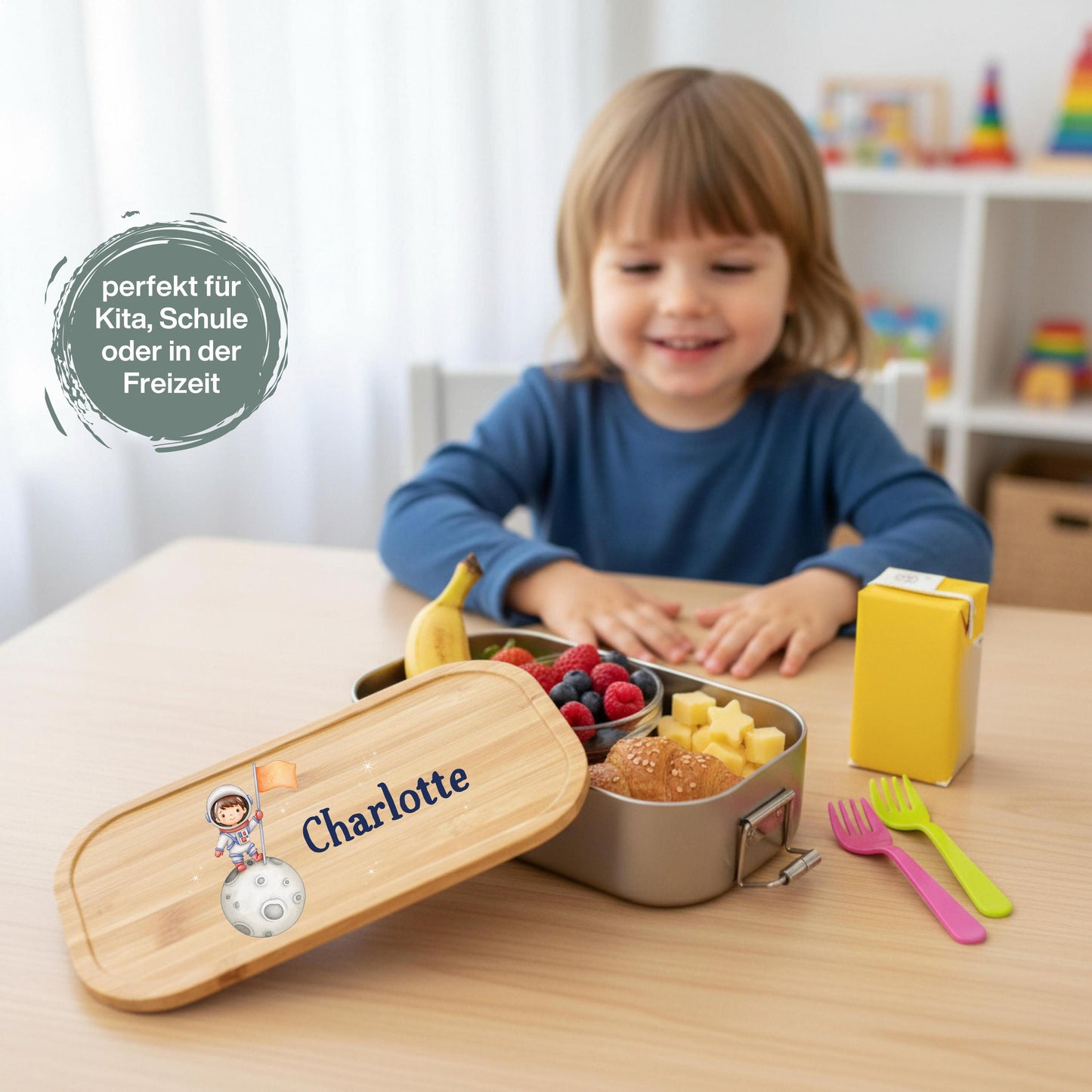 Personalisierte Brotdose Edelstahl Kinder mit Namen | Astronaut Lunchbox Kindergarten & Schule