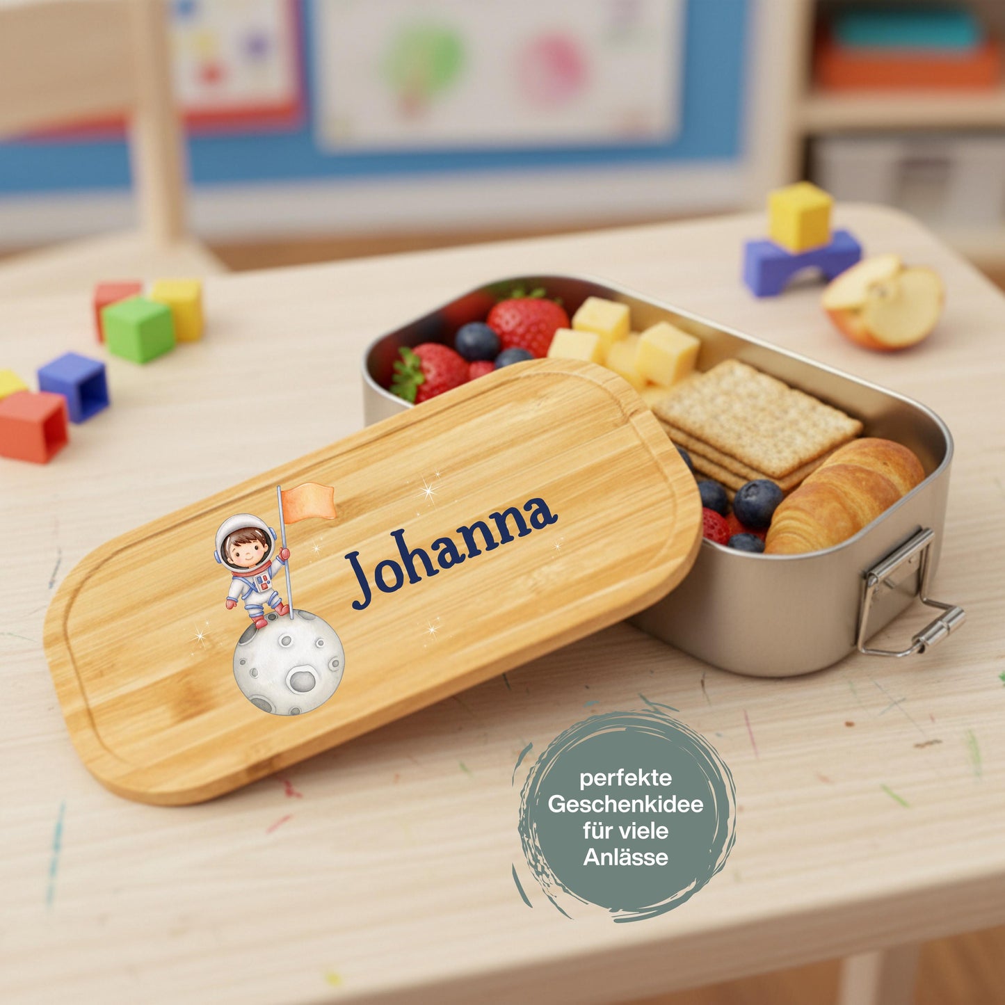 Personalisierte Brotdose Edelstahl Kinder mit Namen | Astronaut Lunchbox Kindergarten & Schule