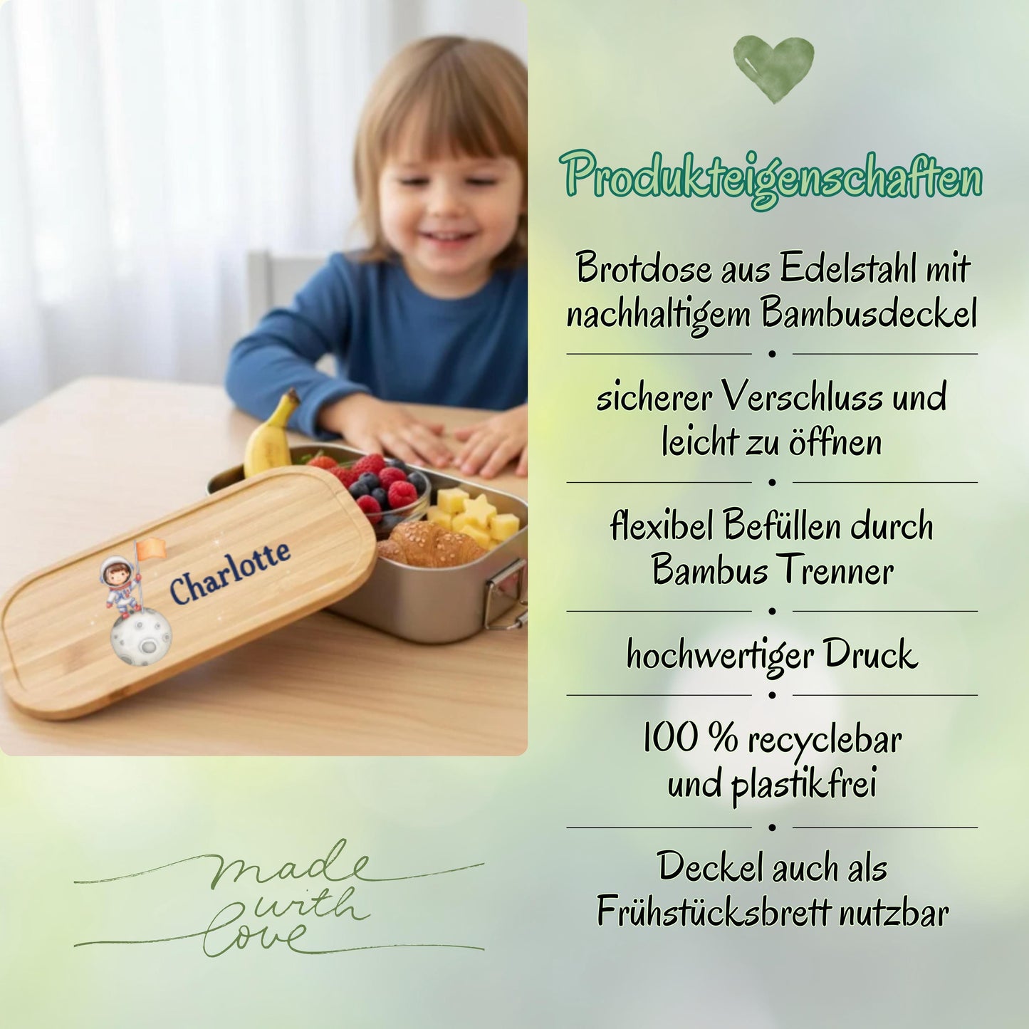 Personalisierte Brotdose Edelstahl Kinder mit Namen | Astronaut Lunchbox Kindergarten & Schule