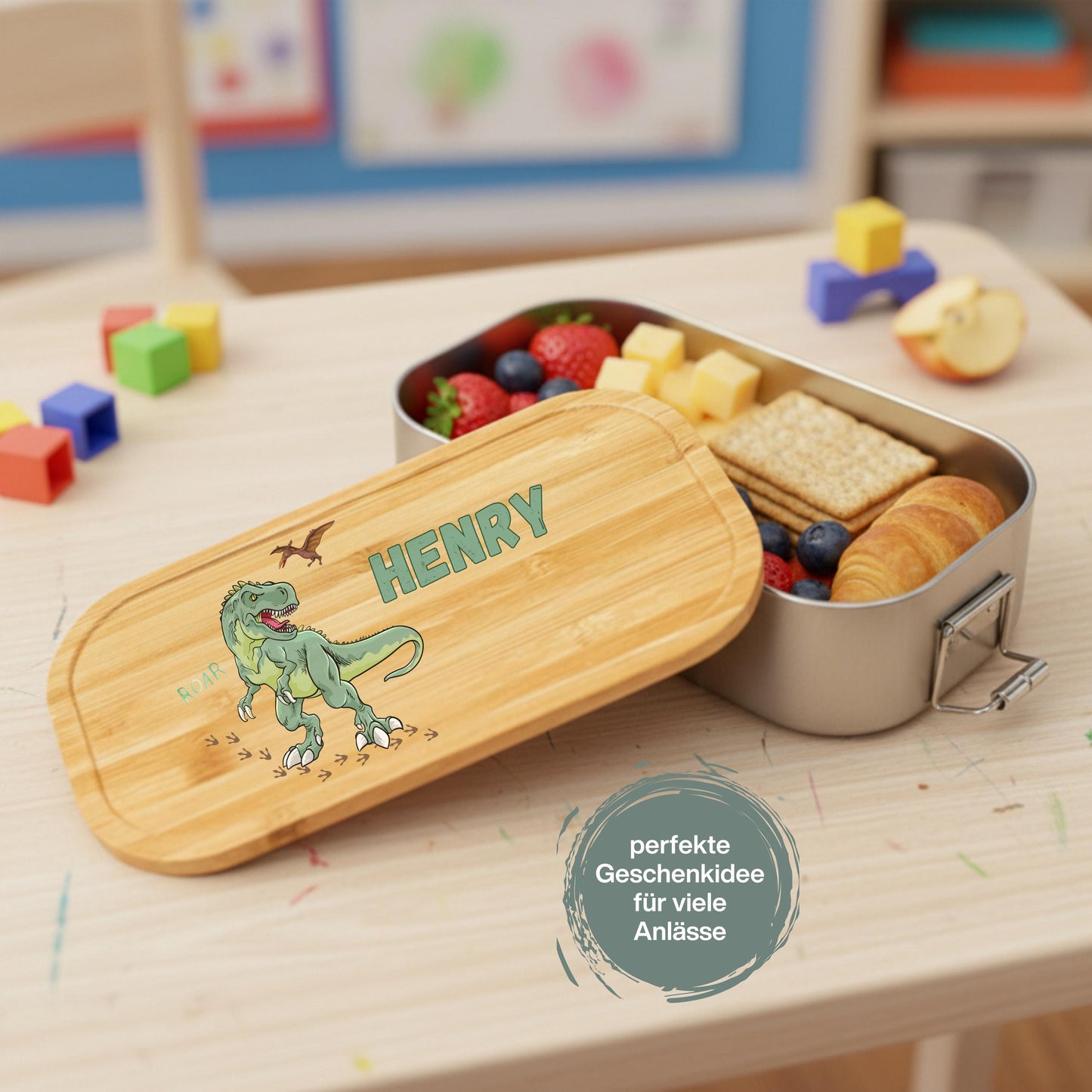 Personalisierte Brotdose Edelstahl Kinder mit Namen | Dinosaurier Lunchbox Kindergarten & Schule