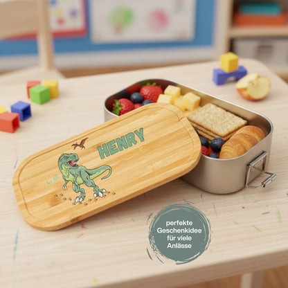 Personalisierte Brotdose Edelstahl Kinder mit Namen | Dinosaurier Lunchbox Kindergarten & Schule