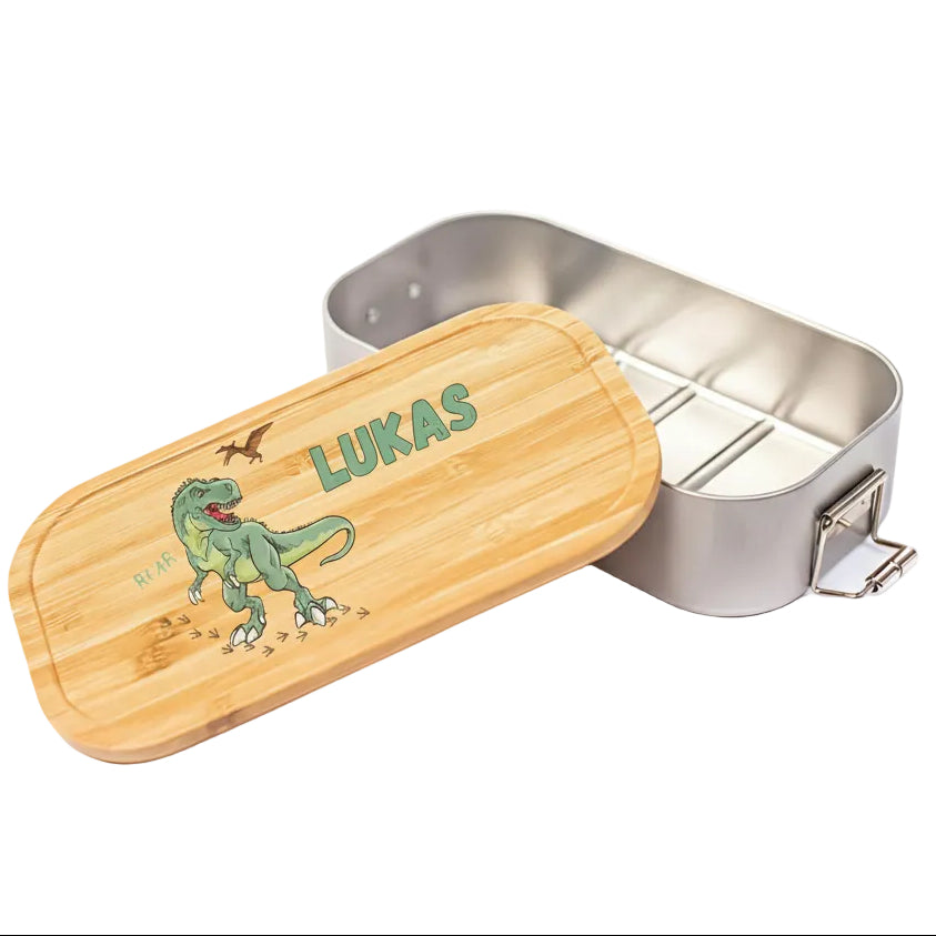 Personalisierte Brotdose Edelstahl Kinder mit Namen | Dinosaurier Lunchbox Kindergarten & Schule