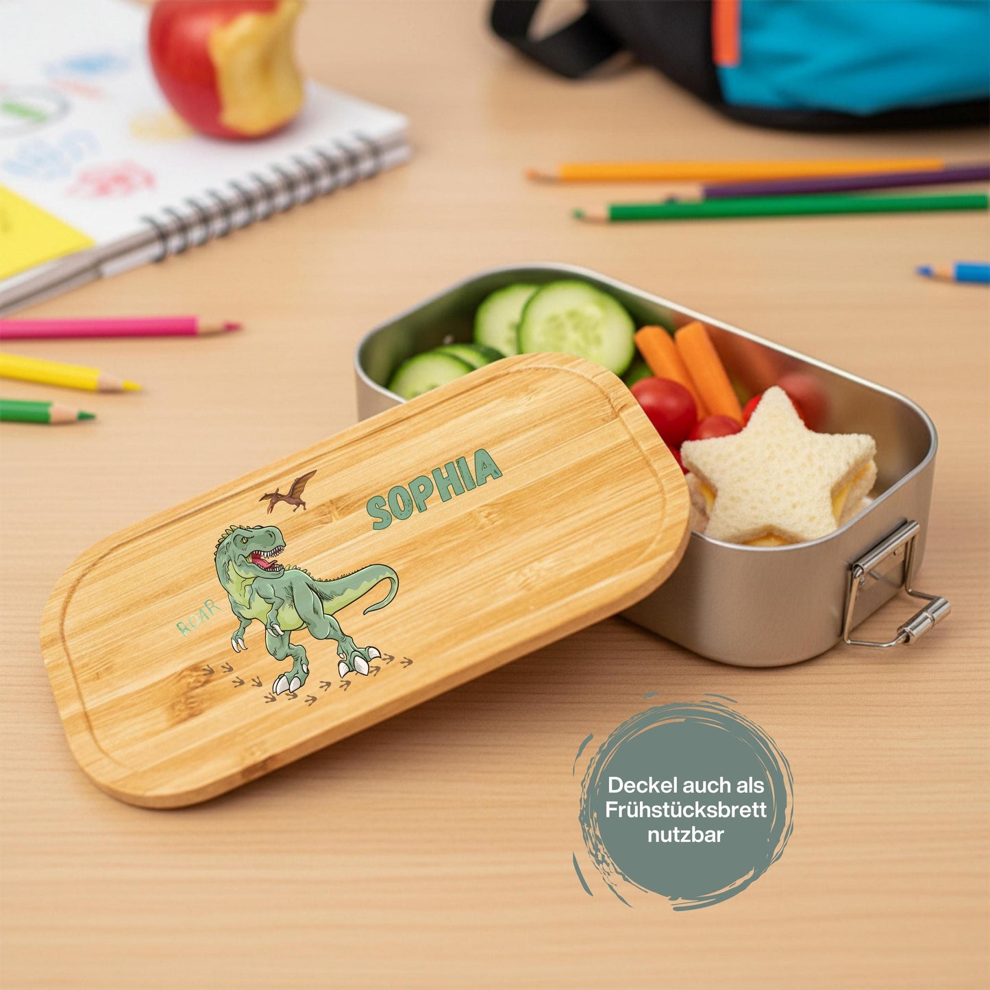 Personalisierte Brotdose Edelstahl Kinder mit Namen | Dinosaurier Lunchbox Kindergarten & Schule