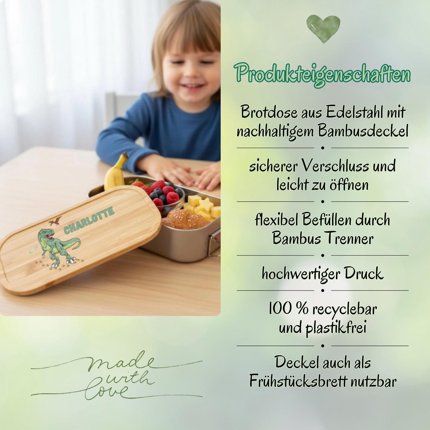 Personalisierte Brotdose Edelstahl Kinder mit Namen | Dinosaurier Lunchbox Kindergarten & Schule