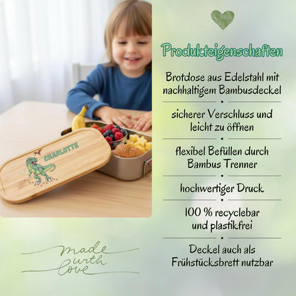 Personalisierte Brotdose Edelstahl Kinder mit Namen | Dinosaurier Lunchbox Kindergarten & Schule