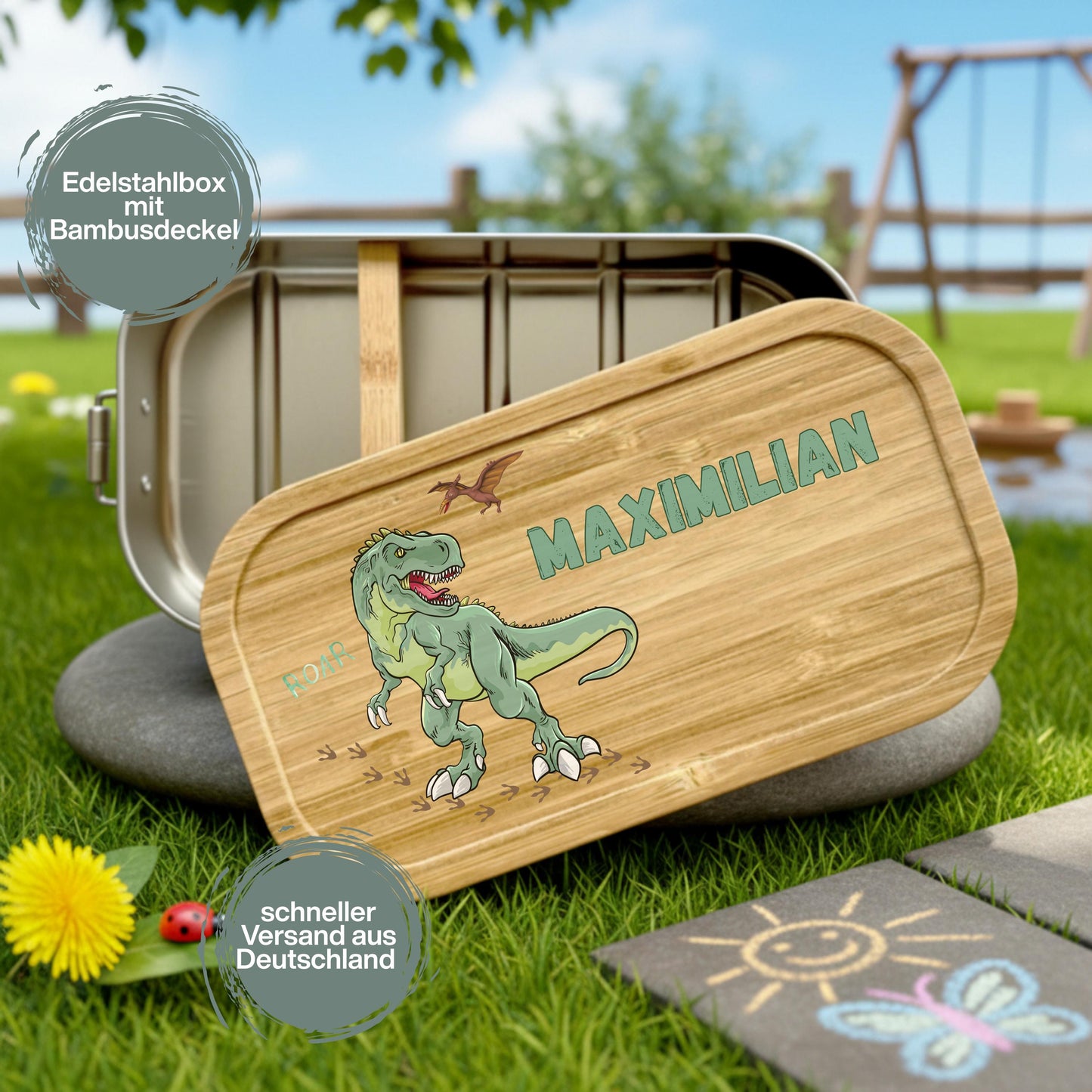 Personalisierte Brotdose Edelstahl Kinder mit Namen | Dinosaurier Lunchbox Kindergarten & Schule