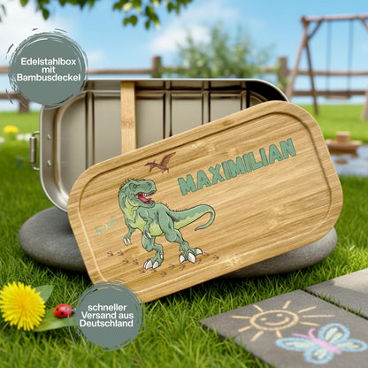 Personalisierte Brotdose Edelstahl Kinder mit Namen | Dinosaurier Lunchbox Kindergarten & Schule