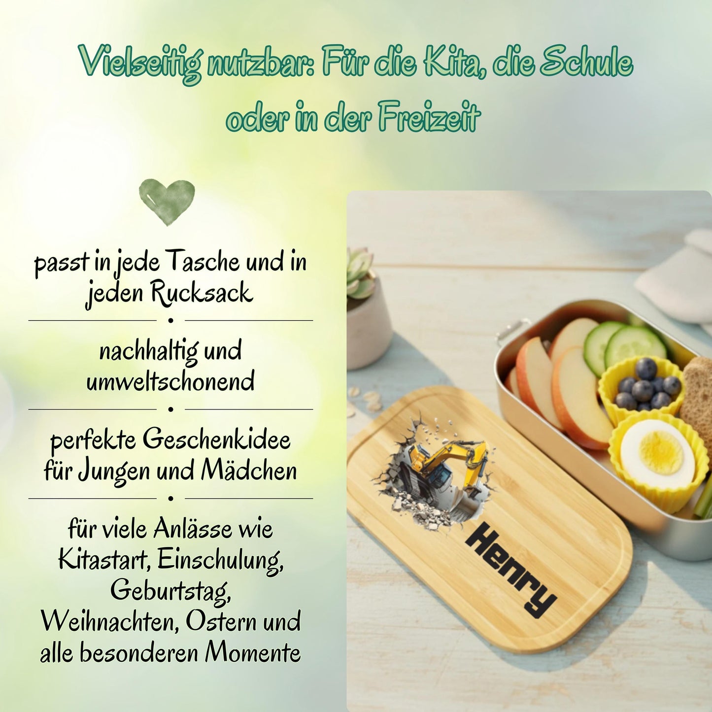 Personalisierte Brotdose Edelstahl Kinder mit Namen | Bagger Lunchbox Kindergarten & Schule