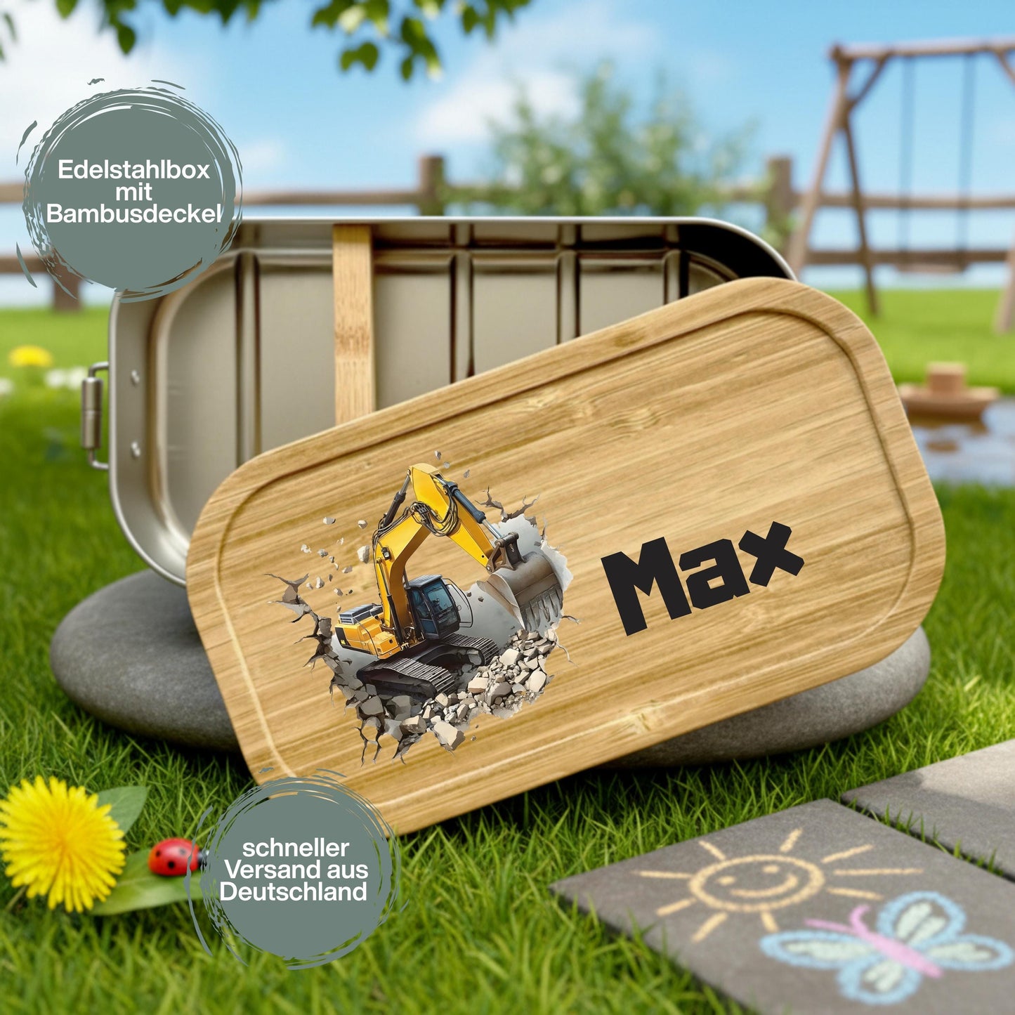 Personalisierte Brotdose Edelstahl Kinder mit Namen | Bagger Lunchbox Kindergarten & Schule